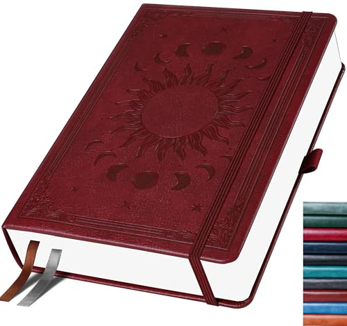 HwxBen Bullet Dotted Journal, Gepunktetes Notizbuch, 256 Seiten, 140 gsm Tintenfestes Papier, PU Hard Cover, Elastisches Band, Innentasche, Für Arbeit, Büro und Schule, 14,5 x 21 cm (Weinrot)