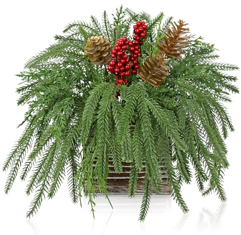 Arborus Pino artificial de Norfolk en caja de madera de 10.2 pulgadas, decoración de centro de mesa de Navidad, planta de Navidad artificial con piñas de pino, bayas rojas y vegetación para centro de