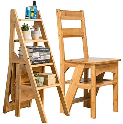 4 Tier Folding Step Ladder Convertible Multi-Functional Wood Ladder Chair Display Shelf - Home Kitchen Storage (Wood Color)