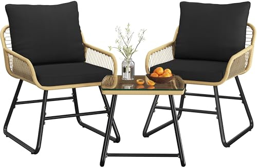 Abician 3 Pièces Salon de Jardin Exterieur en Polyrotin, 2 Personnes Ensemble Mobilier avec 2 Fauteuils et 1 Table Basse Plateau en Verre Trempé pour Patio Terrasse Bistro Beige/Noir