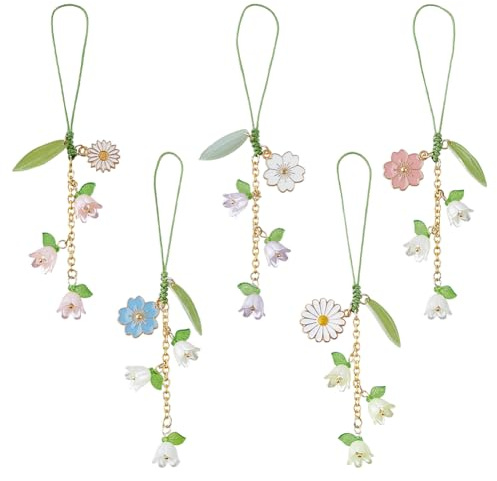 DICOSMETIC 5 Stück 5 Styles Handy Handgelenkschlaufe Niedliche Handy Charm Blumen Anhänger Schlüsselband Kawaii Handyanhänger Blumen Handys Anhänger Zubehör Für Tasche Rucksack Kamera