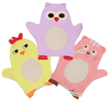 FIXOSHEE Cartoon Badehandschuhe Leicht und Fördert Selbstwäsche 3 Stück aus Baumwolle für Kinder Babys für Zuhause und Unterwegs