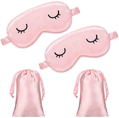 Kinder-Schlafmasken aus Seide, niedlich, leicht und verstellbar, Satin-Augenabdeckungen für Nachtschlaf mit 2 Aufbewahrungstaschen (ab 12 Jahren, Rosa), 2 Stück