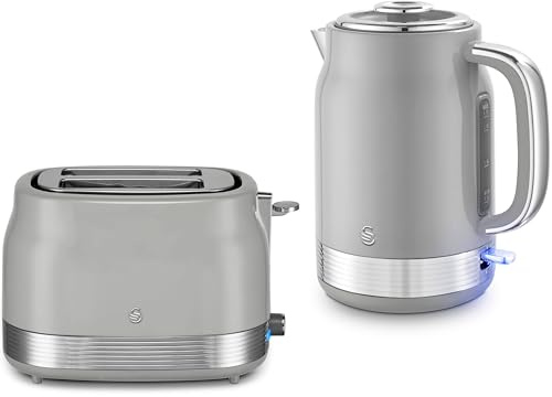 Swan Retro Revive Grey 1.7L 3KW Jug Kettle & 2 Slice Toaster. Matching Retro Design Kettle & Toaster Set in Grey with Chrome Accents