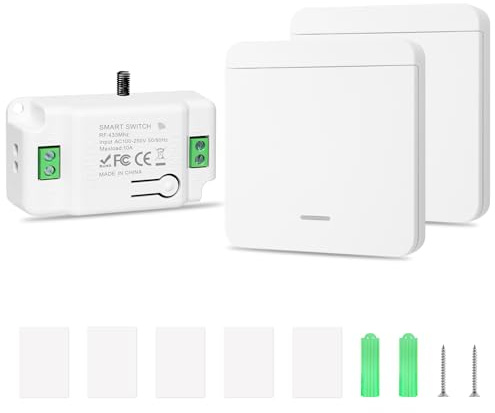 RDTOK Interrupteur sans fil, Interrupteur va et vient sans fil RF433, avec Récepteur, 10 A 230 V, Pour Lampes et Plafonniers, Installation facile, Contrôle multiple (1 récepteur et 2 commutateurs)