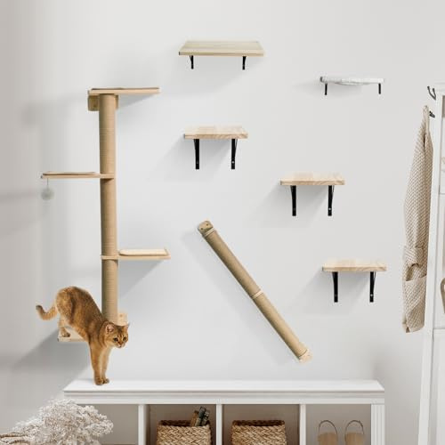 Youyijia 7-teiliges Wandmontage Katzenkletterwand Set aus Holz – Plattformen, Kratzsäulen, Liegeplatten, Wandregale – Kletterelemente für Katzen, Wand-Kletterwand