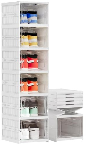 Thrink 6 Tier Shoe Storage Organiser Box – Foldable & Stackable Clear Shoe Rack Bins for Trainers, Heels & Boots | Space-Saving 6 Layer Collapsible Transparent Display, 105.5 cm Tall White