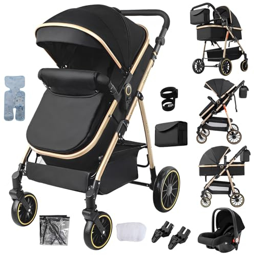 Aveainelle 3-i-1 barnvagn, resesystem liggande och vändbar, hopfällbar barnvagn med ett klick, spädbarnsbuggy med kompletta tillbehör, fram- och bakhjul dubbel bromsläge (svart guld)