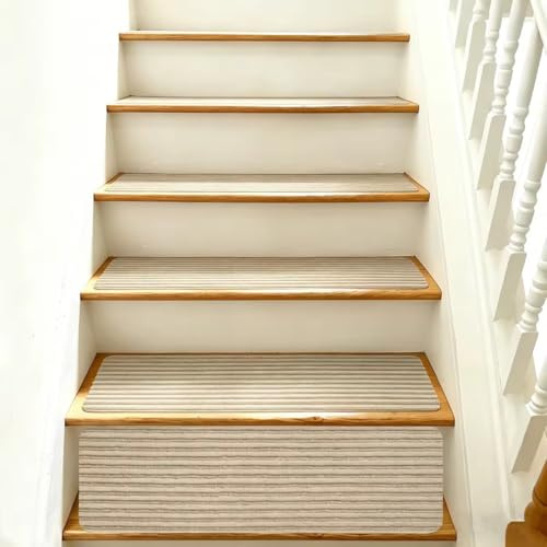 BOUFEIDA Tapis D'Escalier Antidérapant, Tapis Escalier Marche, Lot de 15 Marchettes D'Escalier Autocollantes Intérieur, Moquette Escalier Réutilisable Découper pour Protéger Animaux (Beige, 55X22CM)