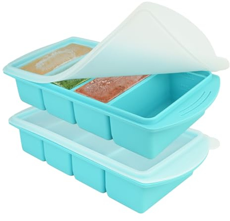 2 Pack Souper Cubes Silicone Freezer Tray, 1000ML Silicone Freezer Moulds with Lid, 4 Compartment Soup Freezer Containers, Makes 8 1-Cup Soup Portion Freeze Trays, Freezer Storage Food Soups Meal Prep