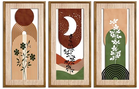 KiKiHong Bohemian Träväggsdekoration, set med 3, Väggdekoration i trä, Snygg väggkonst med växter och månmotiv för vardagsrum, sovrum (40x20 cm)