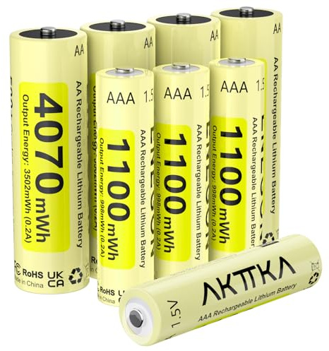 AKTTKA 4 Piles AA + 4 Piles AAA Lithium Rechargeables,AA 4070mWh & AAA 1100mWh,1,5V.Parfaitement Adaptées Aux Télécommandes,balances Électroniques,thermomètres,capteurs,manettes De Jeu Et Autres