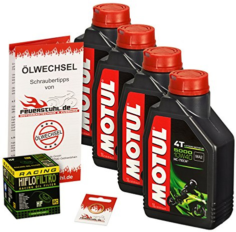 Motul 10W-40 Öl + HiFlo Ölfilter für Honda CBR 600 F, 87-00, PC19 PC23 PC25 PC31 PC35 - Ölwechselset inkl. Motoröl, Racing Filter, Dichtring | Ölwechsel Set mit Motul 5000 10W-40 Motoröl, Hiflo Racing Ölfilter und Dichtring(en)