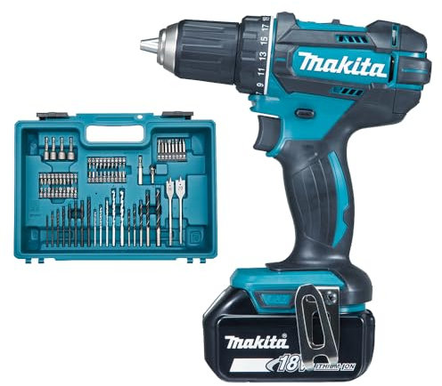 Makita Bohrmaschine/Akkuschrauber 18V, Li-Ion-Akku, 3 Ah Ø 13 mm + Zubehör-Set – DDF482RFX1