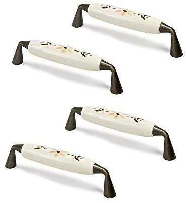 4 Un. TIRADOR Asa Mueble flor marrón Porcelana beige herraje bronce - Distancia tornillos 96MM