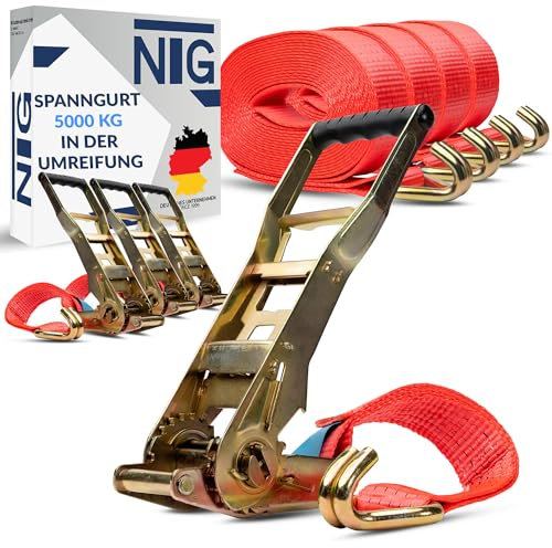 10 correas tensoras de 5000 kg y 8 m con carraca ERGO y gancho de carraca de palanca larga, 2 piezas, correa de amarre para camiones, 50 mm, TÜV/GS