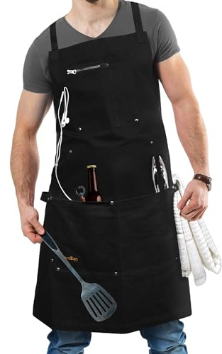 ecoZen Lifestyle Chef Apron for Men (10 oz Cotton) for Kitchen, BBQ, Cooking and Grill - Professional Grade - Adjustable (M to XXL) for Comfort Fit & Pockets - Aprons