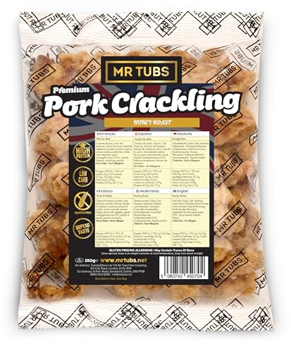 Craquelures de Porc Mr Tubs Pork Crackling, Sachet Vrac de 250 G - Sans Gluten, Riche en Proteines, Faible Teneur en Glucides, Compatible avec un Regime Keto (250g, Rôti au miel)