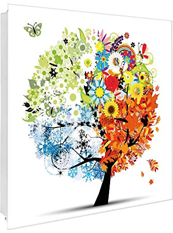 banjado Großer Schlüsselkasten Glas - Schlüsselbox 30x30cm mit 50 Haken - Schlüsselkasten modern für Schlüsselaufbewahrung mit beschreibbarer, magnetischer Glastür - Motiv Baum Blumen