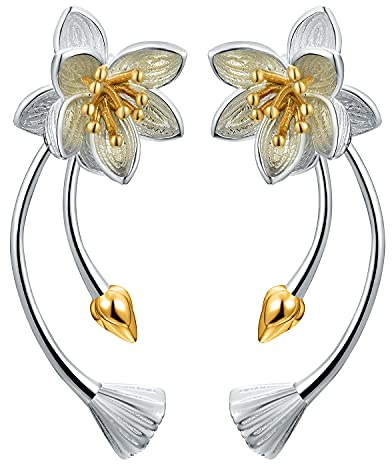 ✦ Weihnachtsgeschenke ✦Springlight Ohrringe Silber 925 Lotus Whispers Lange Ohrringe Blumenohrringe mit Doppeltem Verwendungszweck Schmuck Damen Geschenke für Frauen.(Gold Flower Bud)