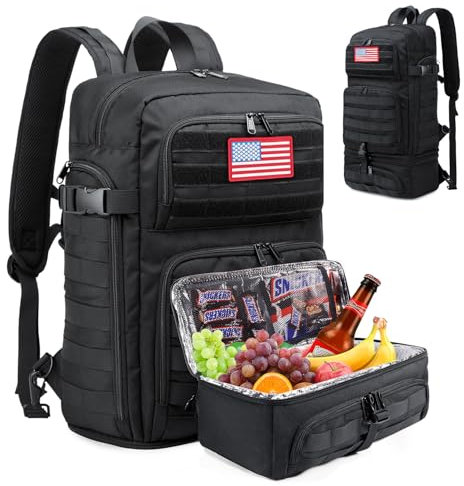 BERTASCHE Laptop Rucksack 15.6 Zoll Lunch Rucksack mit Kühlfach Taktischer Rucksack mit Molle für Arbeit Schule Reise Camping, Schwarz