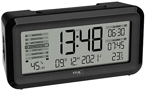 TFA Dostmann Digitaler Funk-Wecker BOXX2, 60.2562.01, deutsches Display, 2 Weckzeiten, Raumklimaüberwachung, mit Wochentag, mit Akku, schwarz, (L) 138 x (B) 52 x (H) 72 mm
