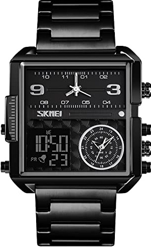 SKMEI Quadratische Uhren für Herren,LED-Hintergrundbeleuchtung,Großbild,Multi-Zeitzone,Herrenuhr,wasserdichte,analoge,digitale Herren-Sportuhr