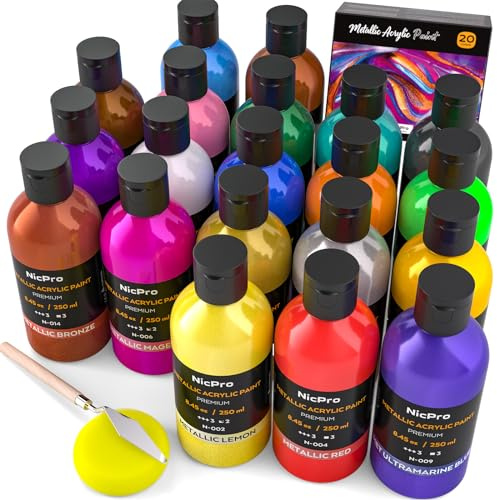 Nicpro pintura acrilica metálica (20 x 250 ml), 20 colores acrilicos para pintar a granel, suministros de pintura artística no tóxicos para múltiples superficies, lienzo, roca, madera, manualidades