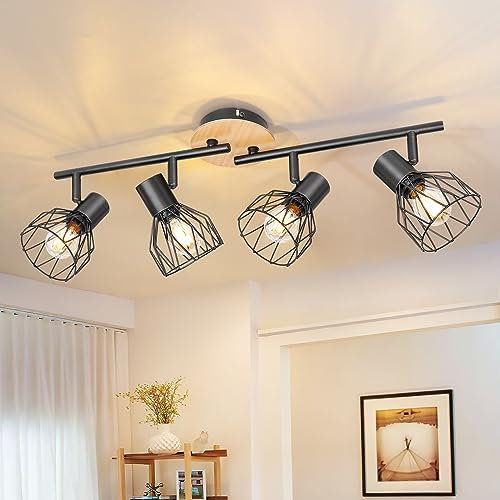 Kimjo Plafonnier Led 4 Spot Orientable - Spot de Plafond Noir E14 Spots et Rails de Spots Plafonnier Salon - Luminaire Plafonnier Cuisine Luminaire Spot Bois - Applique Murale Interieur Sans Ampoule