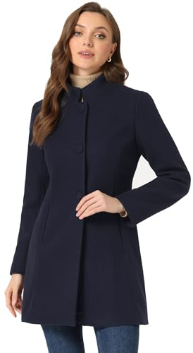Allegra K Women Winter Overcoat Mid-Long Stand Collar Single Breasted Coat | Warm casual peacoat, Versatile office daily outerwear, Loose relaxed fit, Elegant stand collar detail, Navy Blue M