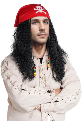 Piraten Seeräuber Perücke Piratenperücke mit Perlen und Roten Skelett Bandana Piratenkostüm Piratenhut für Kopftuch Pirat Cosplay Fasching Karneval Mottoparty Halloween
