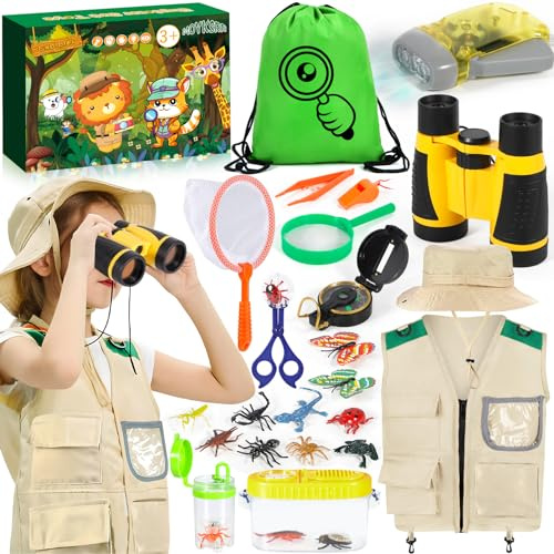 MOYKSRR Set di Giocattoli da Esploratore Esterno, Set Explorer Outdoor Giocattoli, Set di Esplorazione per Bambini con Gilet, Cappello, Binocolo, Bussola per Avventura Campeggio Escursionismo