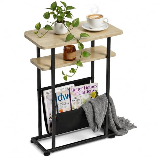 ZEXVIDA Kleiner Beistelltisch für Kleine Räume - 2 in 1 Schmaler Tisch Mit Zeitschriftenhalter - Nachttisch für Wohnzimmer und Schlafzimmer