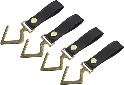 Norhogo 4 Stück PU Leder S Regalhaken Camping Haken, Leder Riemen zum Aufhängen, S Regalhaken Camping Haken Aufhänger Metall Outdoor Zubehör für hängende Töpfe Pfannen Utensilien, Schwarz