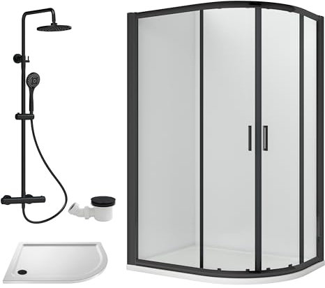 Balterley Offset Quadrant Shower Enclosure, Offset Quadrant Tray, Waste & Thermostatic Shower Kit, 6mm Toughened Safety Glass Door, Bar Handle Sliding Glass Door, Round Showerhead & Handset (Black)