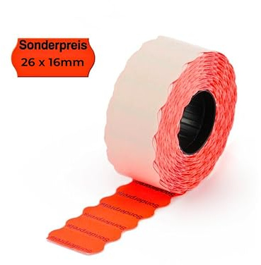 POKORNYS – 2200 selbstklebende Etiketten Sonderpreis für Preisauszeichner (rot / 26x16mm) I permanent haftend I Preisetiketten für Handauszeichner mit Wellenrand ​