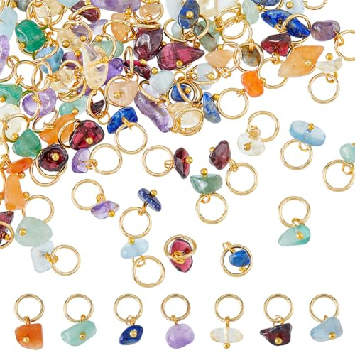 SUPERFINDINGS 84Pcs 7 Colors Natural Stone Pendants Mixed Gemstone Charms with Light Gold Stainless Steel Jump Ring Mixed Color Dangle Charms for Earring Necklace Bracelet Jewelry Making 14mm