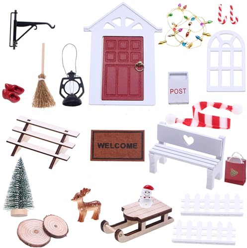 Kit complet de porte de lutin miniature 1:12 - Accessoires de maison de poupée - Lutin de Noël - Avec porte miniature en bois - Traîneau miniature - Accessoires de meubles pour poupées (style 2)