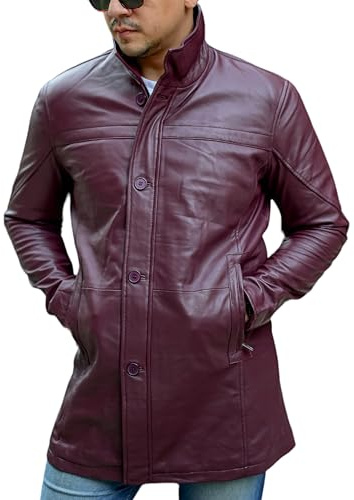 Jild Leder-Trenchcoat für Herren, 3/4-Länge, lässiger Auto-Mantel, Lammfell, lange Lederjacke für Herren, Burgunderrot Bristol, 4X-Large