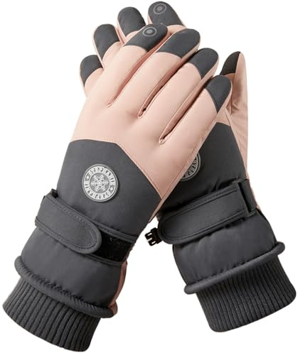 Hjkiopc Damen Ski Handschuhe Winter Winddicht Wasserdicht Schnee Touchscreen Thermal Warme verdickte Handschuhe mit Fleece für Skifahren Laufen Radfahren Wandern (Dunkelgrau rosa)