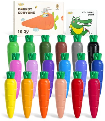 JUPITEARTH Carrot Crayons for Kids 18 Colors, Non Toxic Beeswax Crayons for Toddlers 1-3 with 30-Page Coloring Book & Stickers & 120 PDF Pages, Mess-Free Coloring for Kids Art Supplies Gift
