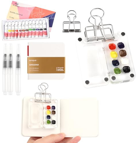 Aquarell Set Unterwegs Mini Travel Set Skizzenbuch 8 Grids | Tragbare Malpalette, Mit Aquarellpapier, Mit Aquarellpinsel, Mit Stiftel Clip, Für Künstler und Studenten