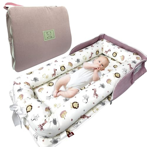 UGRASEA Baby Lounger, Foldable Portable Infant Lounger, Baby Nest Cover, Suitable for 0-24 Months Newborn Baby Lounger,Home Travel Dual-Purpose Baby Nest（Pink Zoo）