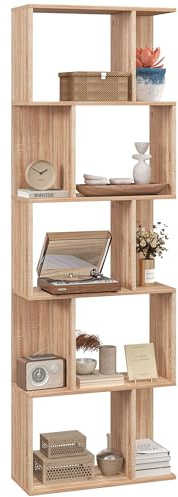 HOMCOM Scaffale Libreria a 5 Ripiani Suddivisi, Libreria Salvaspazio a Forma di S in Legno, Scaffale Divisorio per Soggiorno, Camera da Letto e Ufficio, 60x24x184.5 cm, Color Legno