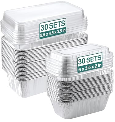 NEEBAKE 60 Pack Disposable Aluminum Loaf Pans with Lids Combo Set - 30 Pack 8.5x4.5x2.5 Foil Loaf Pans & 30 Pack 6x3.5x2 Mini Tin Foil Baking Pans Tin Trays Food Containers for Baking Cakes Bread Meat