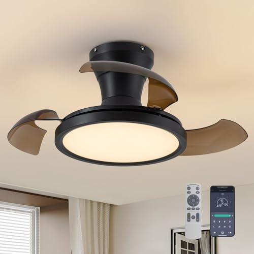 APBEAMLighting - 28 Retractable Ceiling Fan with Light Remote Control, Dimmable 6 Speed, Reversible Small Modern Bladeless Fan Smart Quiet Fan for