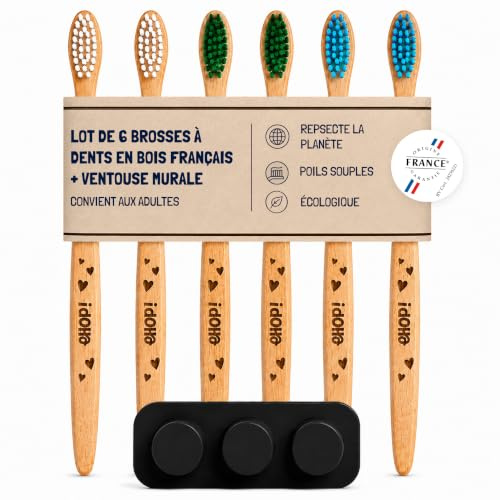 [EHOP] Lot de 6 Brosses à Dents en Bois Français avec Ventouse murale | Poils Souples | Convient aux Adultes | Fabrication Française | Brosses Écologiques | Dentaire Zéro Déchet, Manche Biobasé