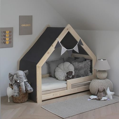Need Sleep Hausbett Himmel mit Wimpelkette für Bett 80x160 cm - 100% Baumwolle Betthimmel Mädchen Junge- Himmelbett Vorhang für Kinderbett - Baldachin Kinderzimmer Deko Anthrazit (375 cm x 80 cm)
