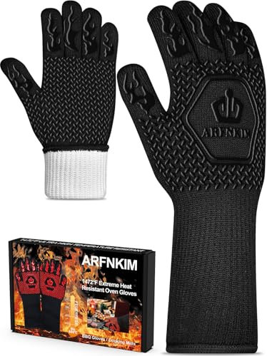 ARFNKIM BBQ Oven Gloves 1472℉ Heat Resistant Oven Mitts Silicone Non-Slip Cooking Gloves for Barbecue, Grilling, Baking, Welding, Smoker (A Pair) (Black)