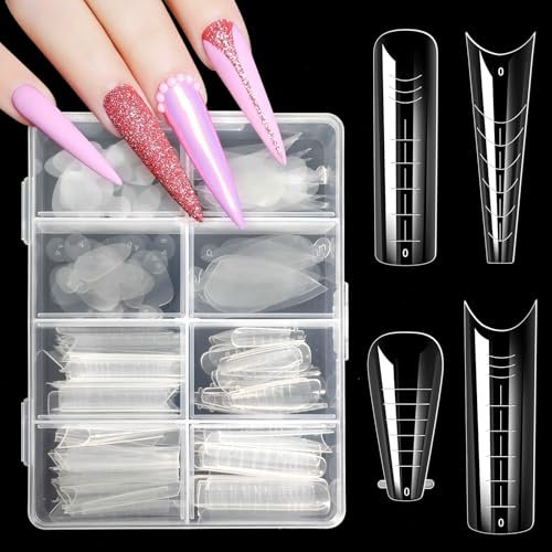 JSRQT Moldes de Uñas Kit Doble Sistema Acrilicas Puntas Postizas Gel UV 96 Piezas Press On Matte Stiletto Soft Tips Profesional Dual Form Flexibles Extensión Poli Acrílico Nail Herramientas Manicura